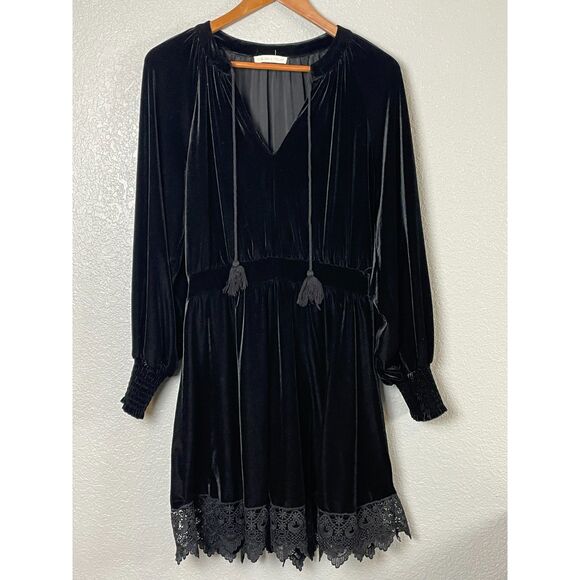Chelsea & Violet Women's Size M Black Mini Dress Velvet Long Sleeve Lace - Picture 2 of 9